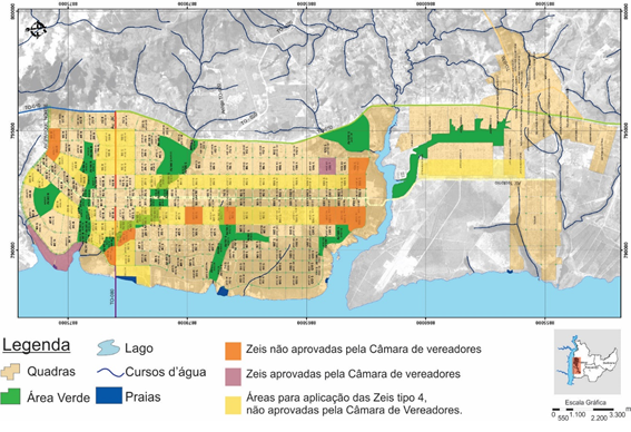 Mapa com a identifica��o no espa�o urbano de Palmas das �reas definidas como Zeis na elabora��o e aprova��o do Plano Diretor Participativo de Palmas (2007) e situa��o ap�s a aprova��o da Lei na C�mara de Vereadores. Destaque para as �reas em laranja e amarelo n�o aprovadas
