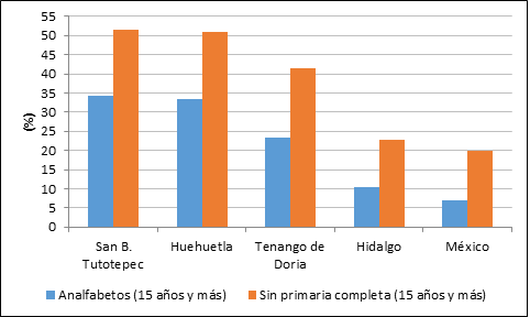 Poblaci�n con 15 a�os y m�s analfabeta y sin prim�ria completa. Municipios de la regi�n Otom�-Tepehua, Hidalgo y M�xico (2010)