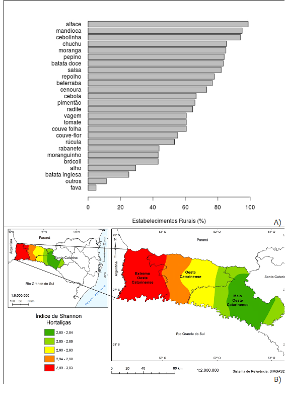 Produo para o autoconsumo (A) e disperso espacial do ndice de diversidade de Shanonn (B) para as hortalias produzidas nas famlias rurais entrevistadas em 112 municpios da regio Oeste de Santa Catarina/Brasil