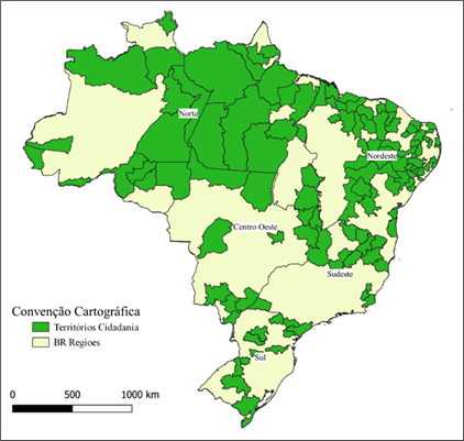 Localiza��o dos Territ�rios da Cidadania nas Macrorregi�es brasileiras.