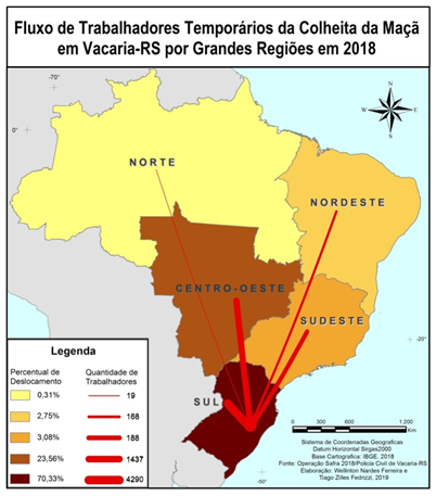 Fluxo de trabalhadores temporrios da colheita da ma em Vacaria - RS por grandes regies de origem