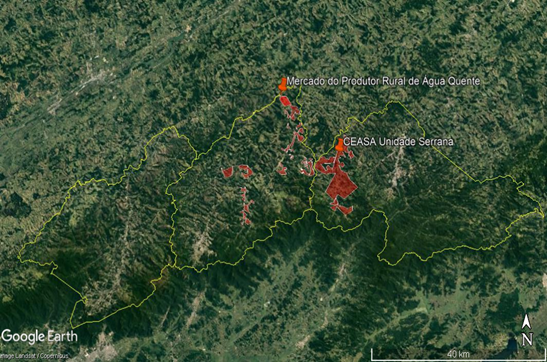 Imagem area dos municpios de Petrpolis, Terespolis e Nova Friburgo, indicando zonas com significativa concentrao de sistemas convencionais de produo hortcola