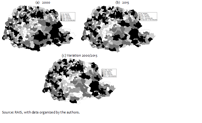 Distribution of industrial employment in 2000 (a), 2015 (b) and variation 2000/2015 (c) – cities in Paran
