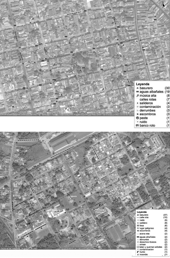 1 a y b- Mapas síntesis de problemas ambientales, elaborados a partir de la reposición de mapas confeccionados por niños(as) de Quinto grado de las escuelas estudiadas.