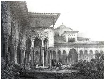 Corte por el patio de los Leones. Grabado XXIV. Litografías ejecutadas según sus cuadros, planos y dibujos hechos sobre el terreno en 1938.