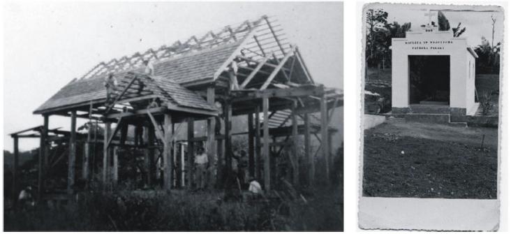 Igreja em constru&ccedil;&atilde;o (&agrave; esquerda) e capela do cemit&eacute;rio polon&ecirc;s de &Aacute;guia Branca (&agrave; direita).