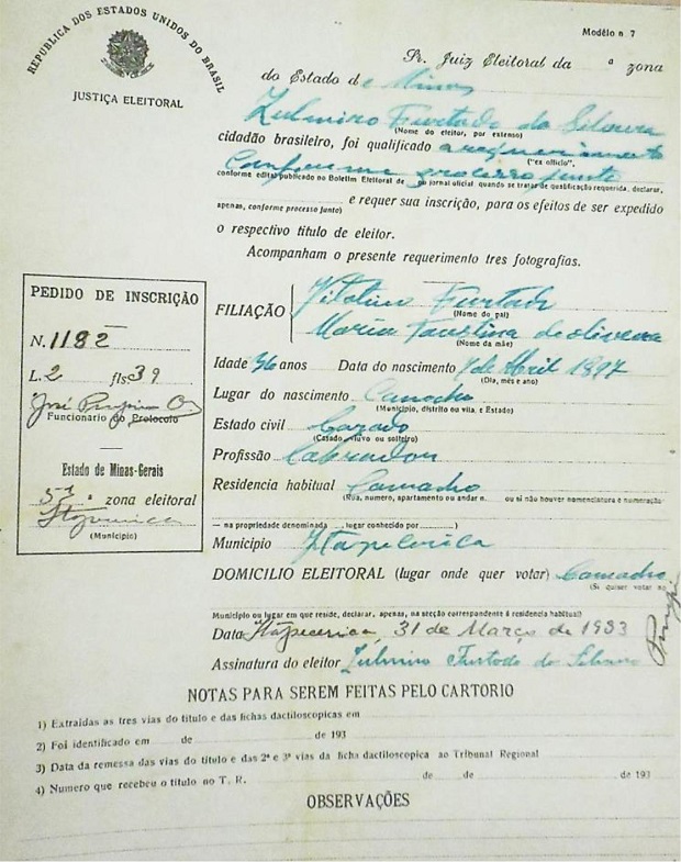 Pedido de inscrição de eleitor de Itapecerica/MG (1933)