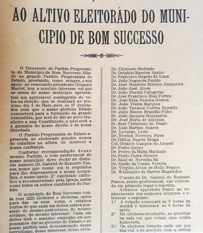 Panfleto eleitoral do Partido Progressista em Bom Sucesso (1933)