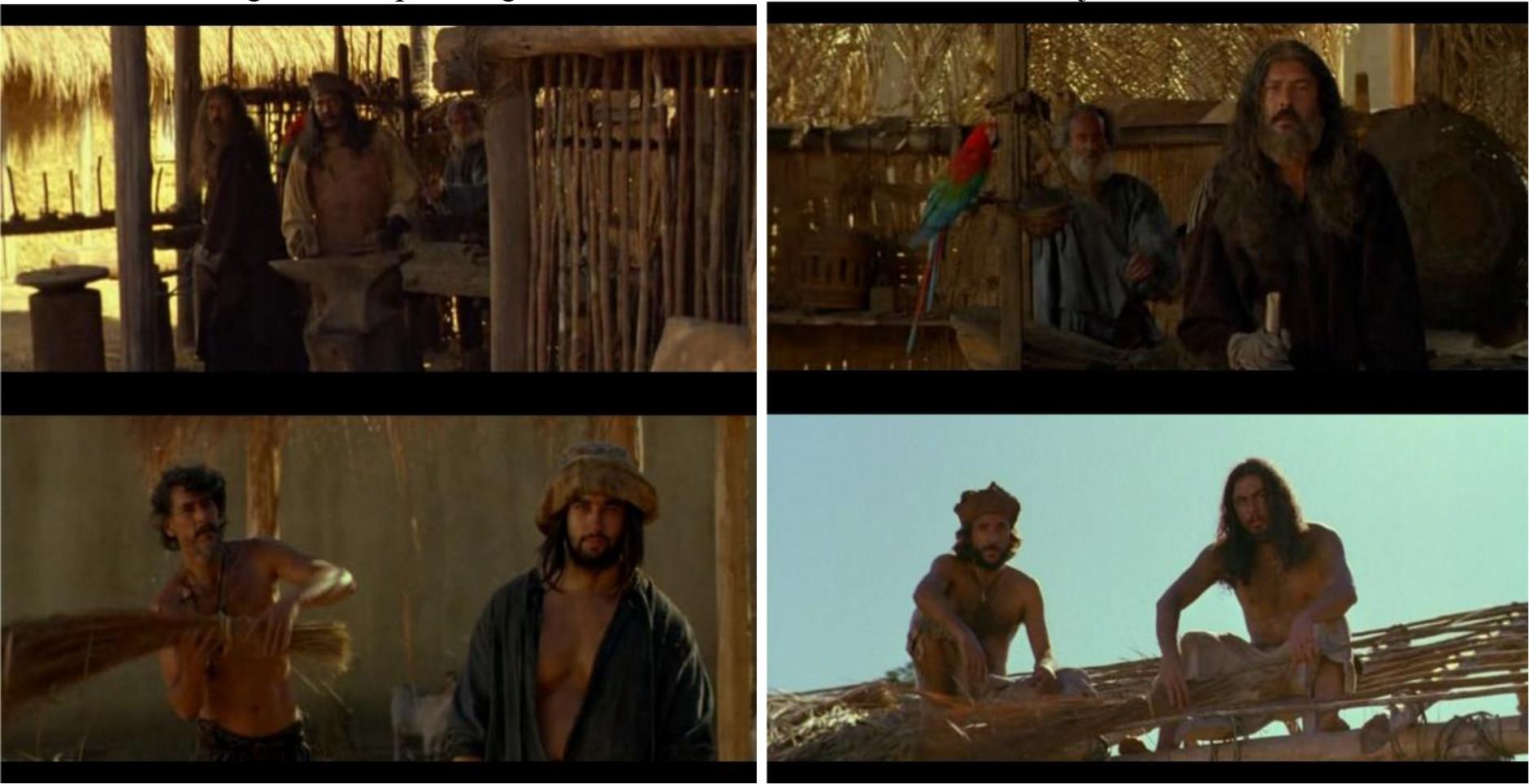 Os personagens masculinos observam atentamente as jovens mulheres.