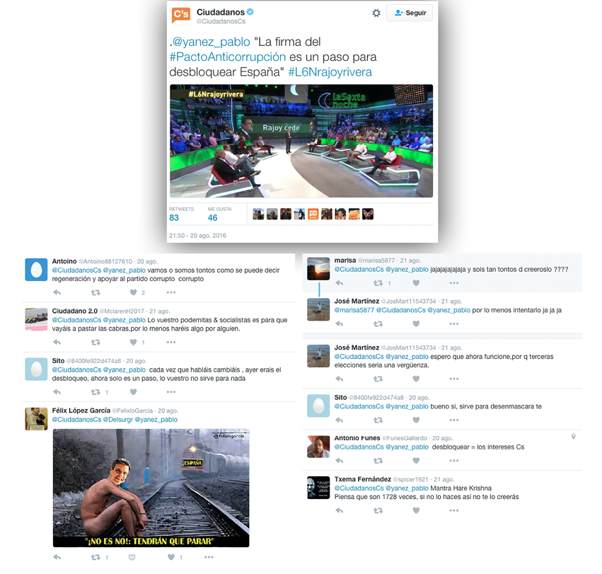 Mensaje desde la cuenta @CiudadanosCs con mayor número de RTs y los comentarios que generó