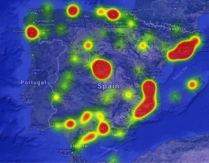 Densidad de mensajes geolocalizados en España