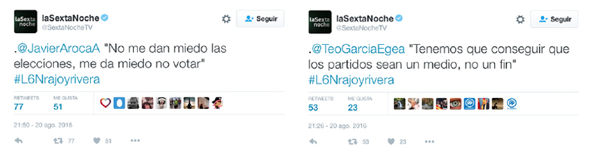 Tuits con mayor número de RTs desde la cuenta oficial del programa La Sexta Noche