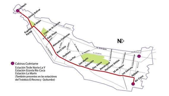 Mapa 1. Estaciones  de Ecovía, en el centro norte de Quito