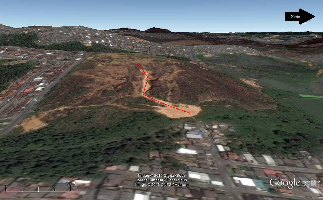 Figura 4 - Visualização
área erodida em perspectiva na imagem de 2014