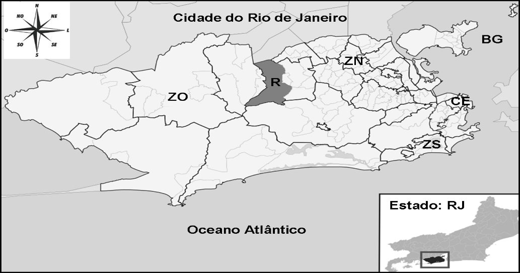 Figura 1 - Cidade do Rio de Janeiro, com
destaque à Regional Administrativa de Realengo (em cinza escuro, simbolizado
por um R), localizado zona Oeste (ZO). ZS: Zona Sul; CE: Centro; BG: Baía de
Guanabara
