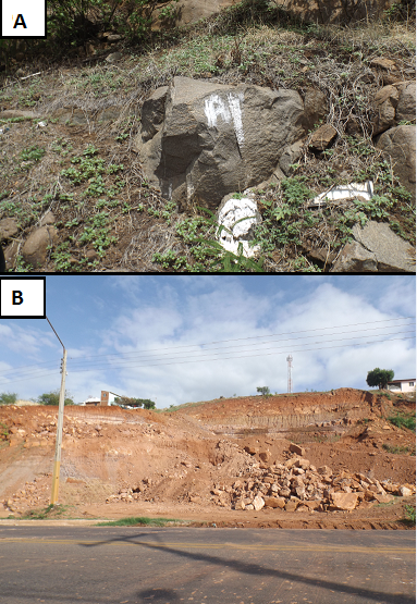 Figura 1 – Agressões à
geodiversidade. Em (A) vê-se pichações em afloramento de diabásio, Picos/PI. Em
(B) tem-se escavações em área de estratigrafia (arenitos e folhelhos em
afloramento da Formação Pimenteira), entrada de Picos/PI.