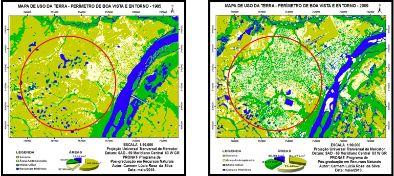 Figura 1 – Igarapés e lagos de Boa Vista extintos. Na imagem de 2009 é possível verificar a extinção dos lagos que existiam em 1985.