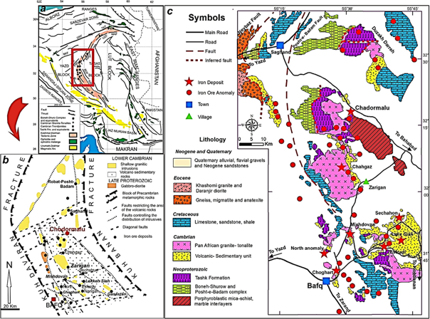 Figure 1 - (a, b) Distribution of iron oxide&ndash;apatite sediments in Azarin Kashmar&ndash;Kerman volcanic belt (AMENDED after RAMEZANI, TALKER, 2003), (C) Revised geological map of Poshtebadam (AMENDED from HAGHIGHIPOUR 1977; NISCO, 1980; RAMEZANI, TUCKER, 2003).