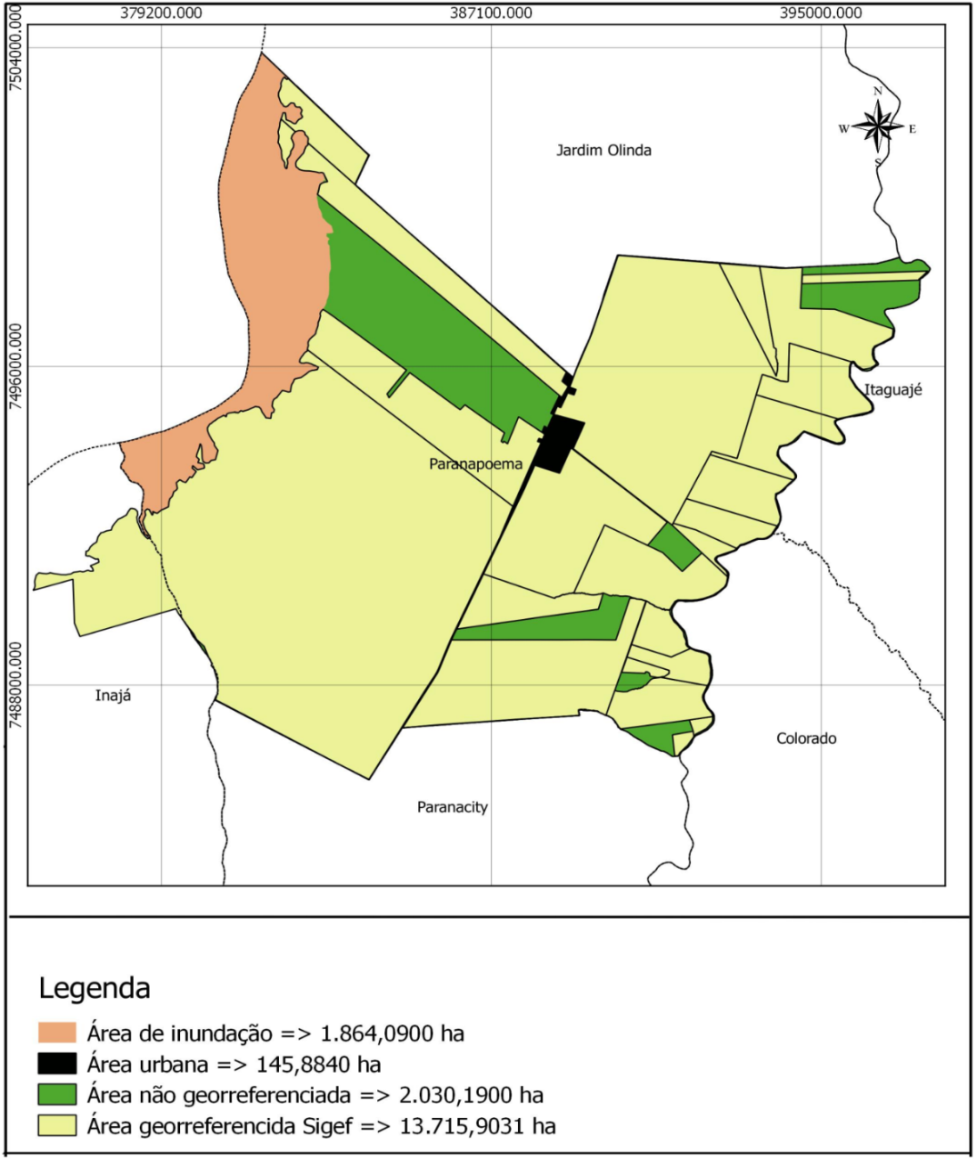 Mapa 1 &ndash; &Aacute;rea do munic&iacute;pio de Paranapoema cadastrado no SIGEF