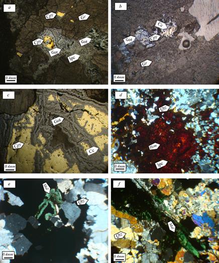 Figura 10 - (a): Chalcopyrite, which has altered to Chalcocite from the margin,and gotaite (b) Chalcopyrite alteration to Chalcocite and gotaite(c): The greater the amount of chalcopyrite with increasing depth and the alteration of the mineral to the Chalcocite and gotaite from the margin, (d): Hematite resulted from iron sulfide minerals alteration (e): Malachite and quartz in the vein zone (f): Malachite placement in the final stages of alteration in the vein section with green color Gr = Garnet, Qtz = Quartz, Cpy = Chalcopyrite, Cc = Chalcocite, Hem = Himatite, Mal = Malachite