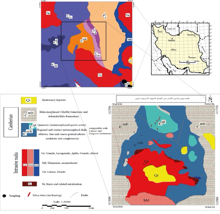 Figure 1 - Location and geological map of the area under the study (AghBolagh-Oshnavieh copper deposit)
