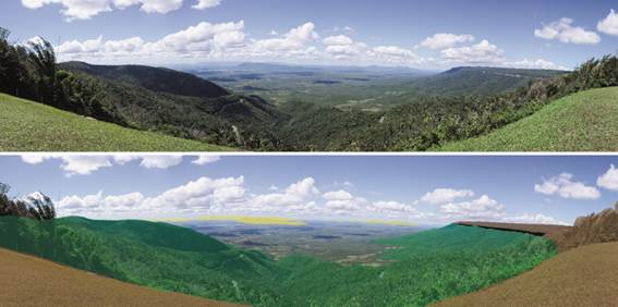 Figura 3 &ndash; Visualizaci&oacute;n de las caracter&iacute;sticas geomorfol&oacute;gicas del puesto de observaci&oacute;n: parte superior del Glint de la Ibiapaba (marr&oacute;n); zona de escarpe (negra); superficies elevadas y laderas disecadas (verde); Depresi&oacute;n Sertaneja (color natural) e inselbergs (amarillo)