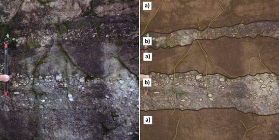 Figura 4 &ndash; Diferenciaci&oacute;n de las capas de arenisca de la Formaci&oacute;n Tiangu&aacute;. Intercalaci&oacute;n de sedimentos de calibre m&aacute;s peque&ntilde;o y uniforme (a) con cantos (b). En un tono claro, se destacan las &aacute;reas de orientaci&oacute;n de erosi&oacute;n y fractura de rocas.