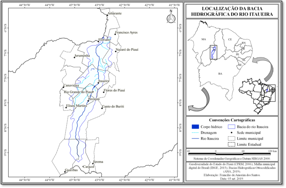 Figura 1 - Mapa de localiza&ccedil;&atilde;o da Bacia Hidrogr&aacute;fica do rio Itaueira, Piau&iacute;.