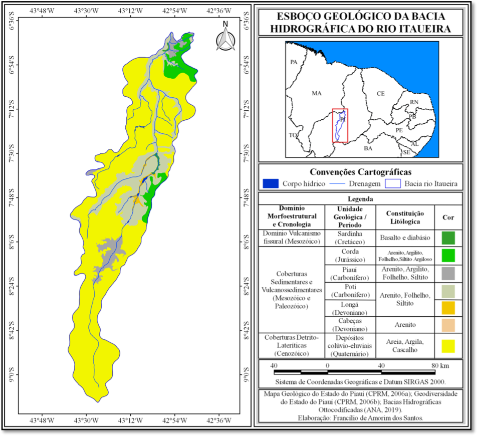 Figura 2 - Esbo&ccedil;o geol&oacute;gico da Bacia Hidrogr&aacute;fica do rio Itaueira, Piau&iacute;
