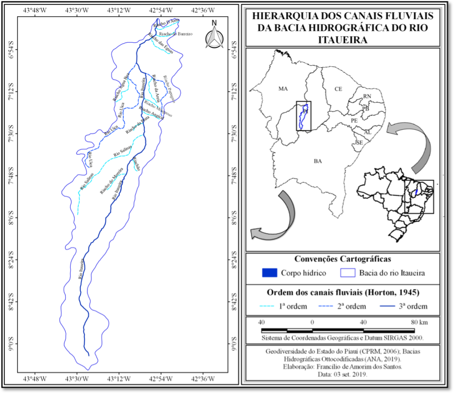 Figura 5 - Hierarquia dos canais fluviais da Bacia Hidrogr&aacute;fica do rio Itaueira, conforme proposta de Horton (1945).