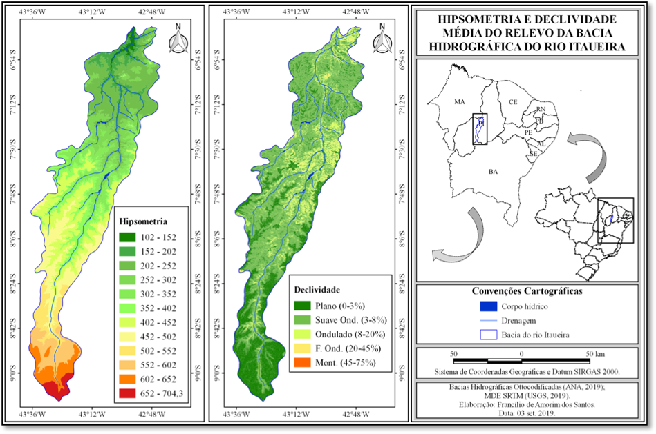 Figura 6 - Hipsometria e declividade m&eacute;dia do relevo (Dm) da Bacia Hidrogr&aacute;fica do rio Itaueira, Piau&iacute;.