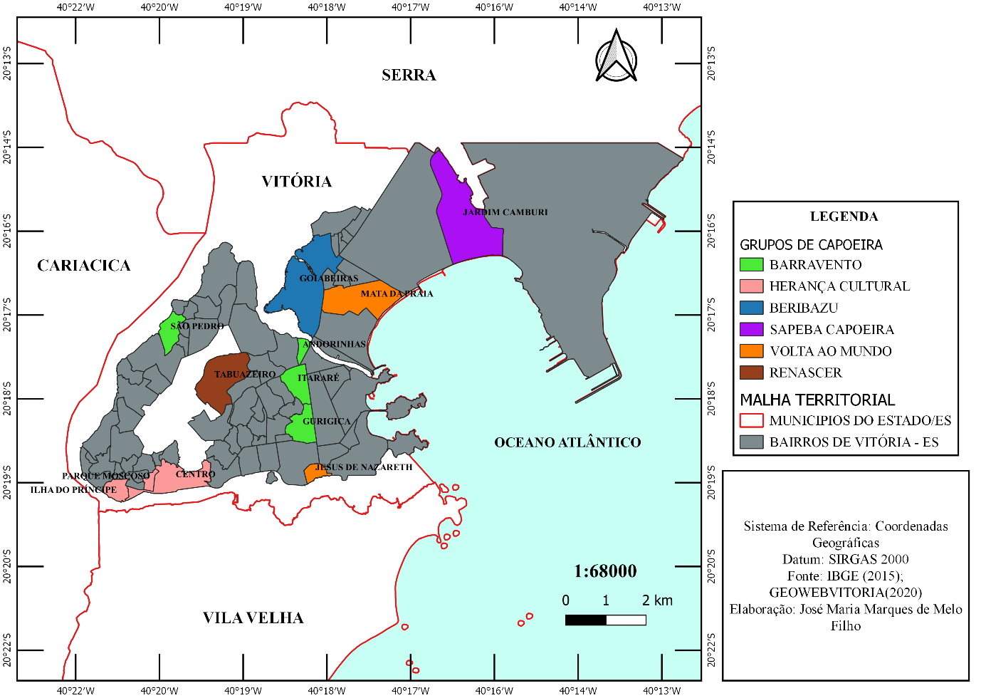 Figura 1 - Mapa de localiza&ccedil;&atilde;o dos Grupos de Capoeira