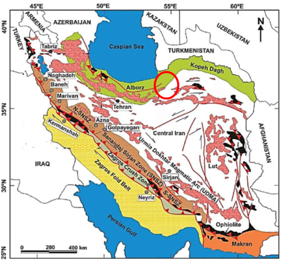 Figure 1- Location of study area (the red circle) from (Aziz et al., 2018) modified from map (Stocklin, 1968)