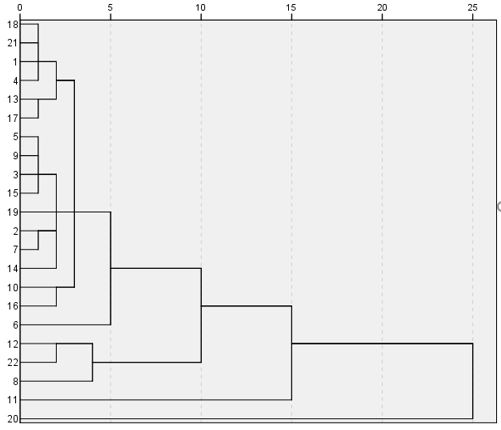 Graph 1- Clustering the 22 neighborhoods of Babol city by dendrogram in terms of degree of enjoyment