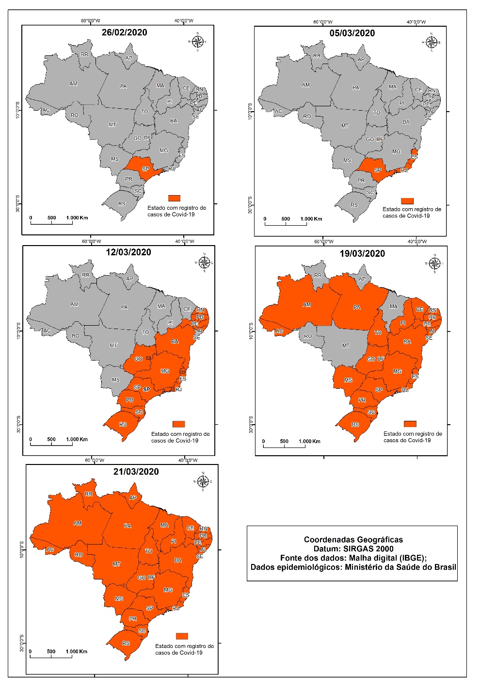 Figura 1 - Estados brasileiros com casos de COVID-19 confirmados no per&iacute;odo de 26/02/2020 a 21/03/2020