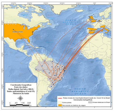 Figura 2 - Rotas iniciais de importa&ccedil;&atilde;o/dissemina&ccedil;&atilde;o da COVID-19, de acordo com os primeiros registros oficiais da doen&ccedil;a em cada estado brasileiro