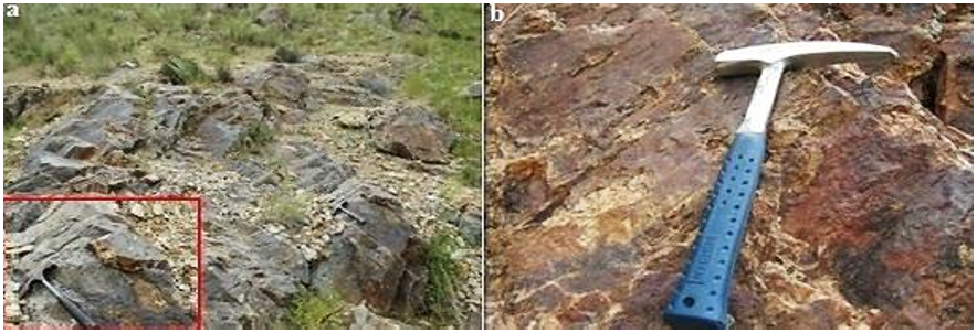 Figure 3 - Fe-bearing Silica minerals in study area (see to the southwest), a) Brecciated volcanic rocks, b) Si, Fe oxide alteration