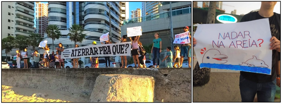 Figura 9 &ndash; Manifesta&ccedil;&otilde;es de ativistas contra a obra de engorda do trecho entre a Praia de Iracema e a Praia do Meireles em Fortaleza