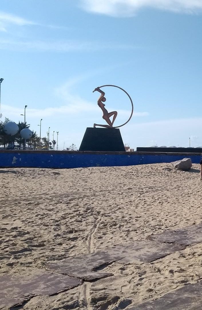 Figura 4 &ndash; Orla da Praia de Iracema com refer&ecirc;ncia ao seu aterro (a) e a est&aacute;tua da Iracema Guardi&atilde; (b)