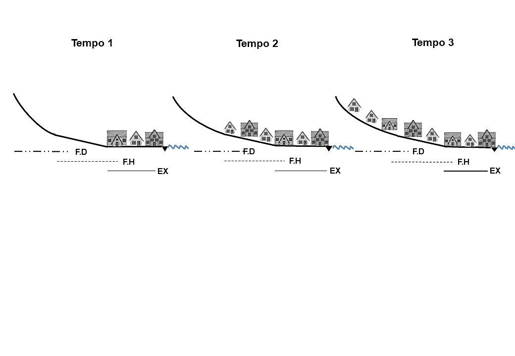 Figura 2 &ndash; Evolu&ccedil;&atilde;o do processo do Aluvi&atilde;o em diferentes trechos da bacia. F.D - Fluxo de Detritos, F.H &ndash; Fluxo Hiperconcentrado, EX &ndash; Enxurrada.