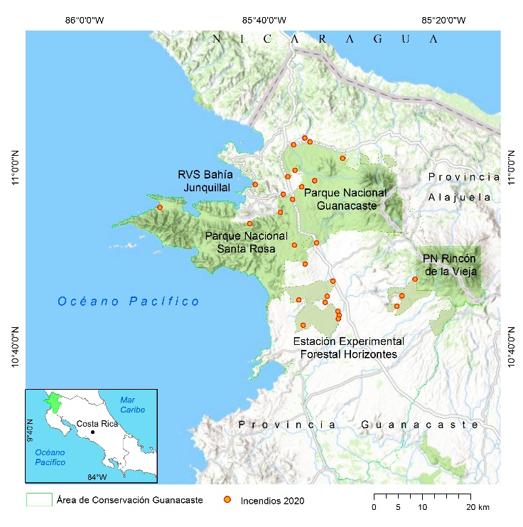 Figura 5 – Localizacin y distribucin de incendios forestales en ACG, 2020