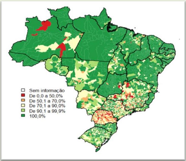 Percentual de alunos matriculados de 4 a 17 anos com necessidades especiais inclu&iacute;dos em classes comuns por munic&iacute;pio brasileiro &ndash; 2016