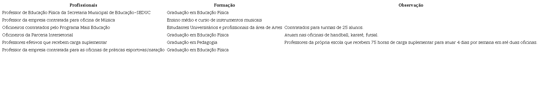 Profissionais oficineiros atuantes no Programa Cidadescola