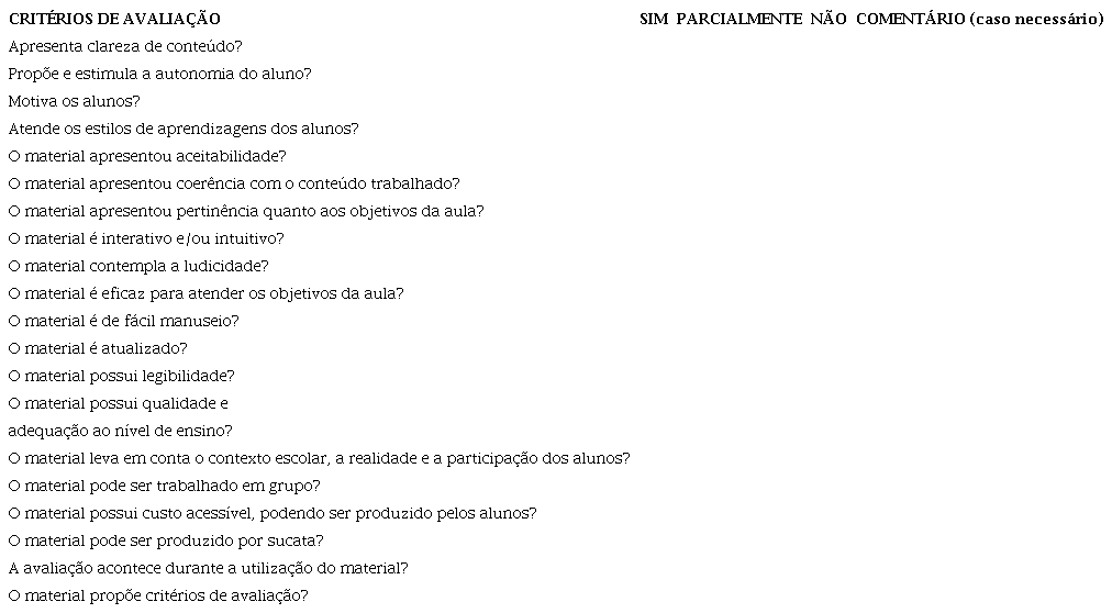 Proposta de Crit�rios de Avalia��o de Materiais de Ensino e
							Resultados da Aprendizagem