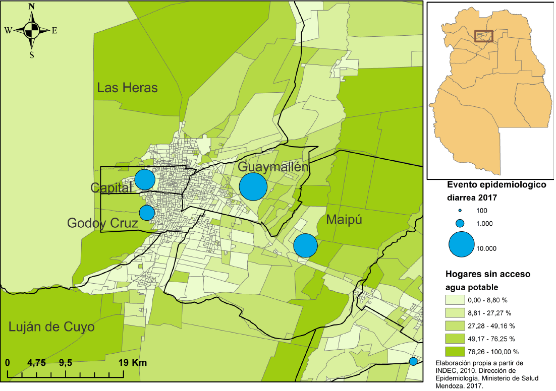 Porcentaje de hogares sin acceso a red de agua potable por radio censal y eventos de diarrea por departamento. Mendoza.