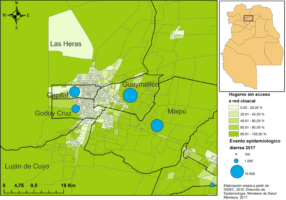 Porcentaje de hogares sin acceso a red cloacal por radio censal y eventos de diarrea por departamento. Mendoza.