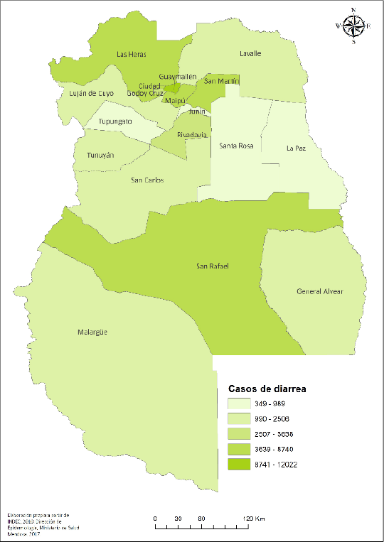 Casos de diarrea por departamento. Mendoza, 2017