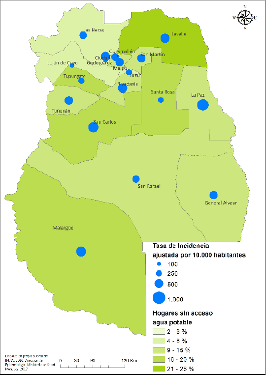 Hogares sin acceso a agua potable y tasa de incidencia diarrea por departamento