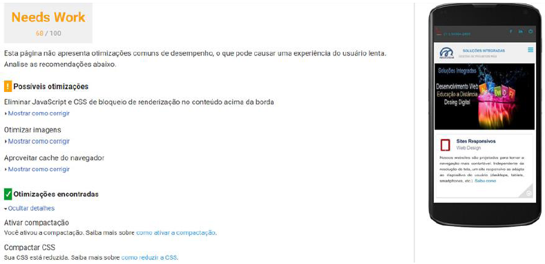 Velocidade de carregamento da homepage em
dispositivos móveis
