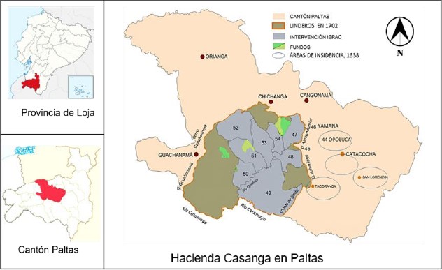 L&iacute;mites originales de la
hacienda Casanga, pueblos ind&iacute;genas e intervenciones de la Reforma Agraria